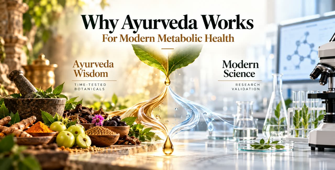 Why Ayurveda works for modern metabolic health: a mortar, herbs and time-tested botanicals on one side, laboratory glassware and a microscope on the other, labelled Ayurveda wisdom and modern science