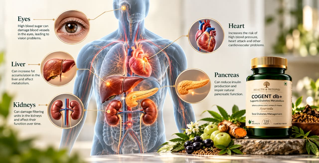 How diabetes affects the body: the eyes (damaged blood vessels), the heart (higher risk of heart disease), the liver (fat accumulation), the pancreas (reduced insulin production) and the kidneys (damaged filtering units), beside a bottle of Cogent Diabetes+