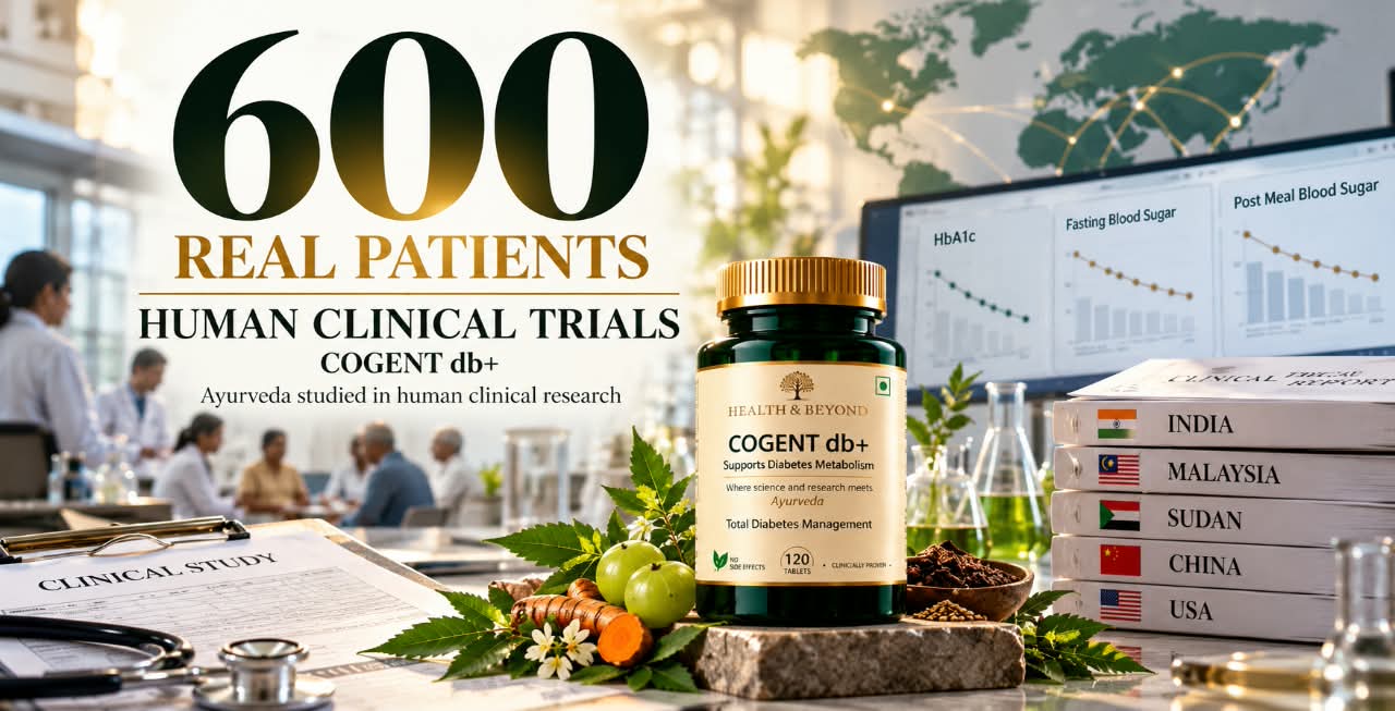 600 real patients, human clinical trials: Cogent Diabetes+, Ayurveda studied in human clinical research. A bottle of Cogent Diabetes+ beside study files labelled India, Malaysia, Sudan, China and USA