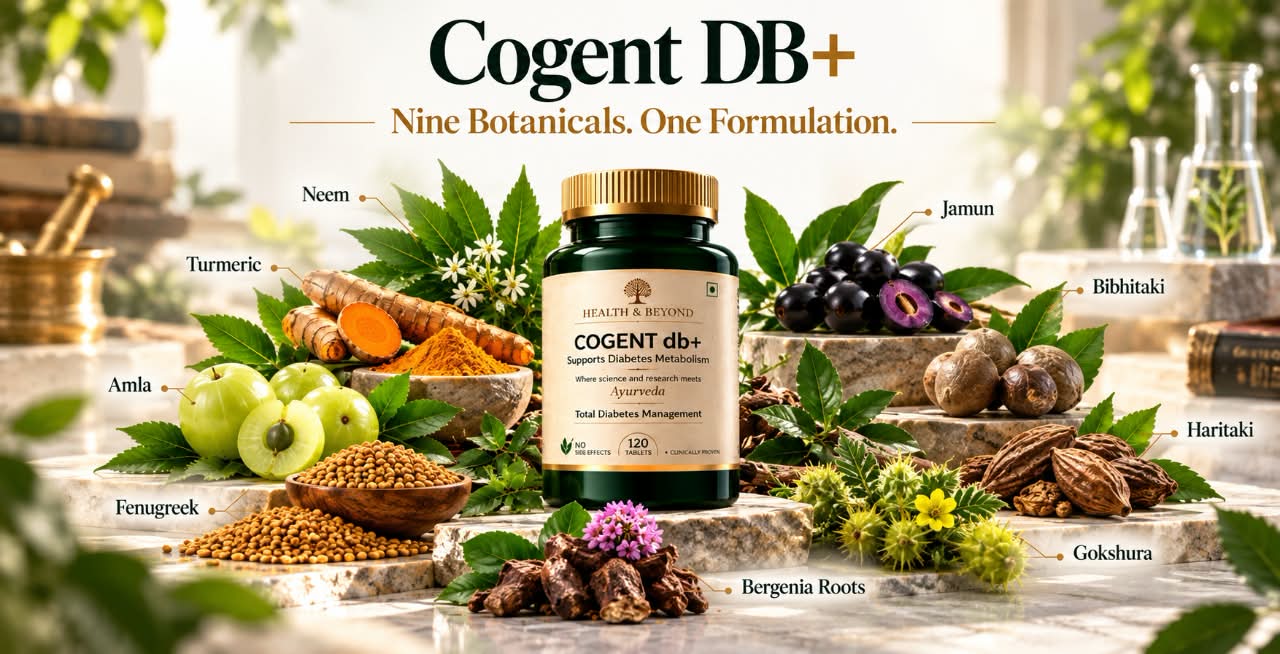 Cogent Diabetes+: nine botanicals, one formulation. The bottle surrounded by neem, turmeric, amla, fenugreek, jamun, bibhitaki, haritaki, gokshura and bergenia roots