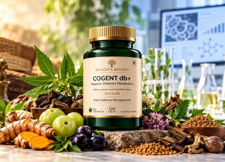 A bottle of Cogent Diabetes+ on a stone slab among amla, turmeric, jamun, neem and other herbs