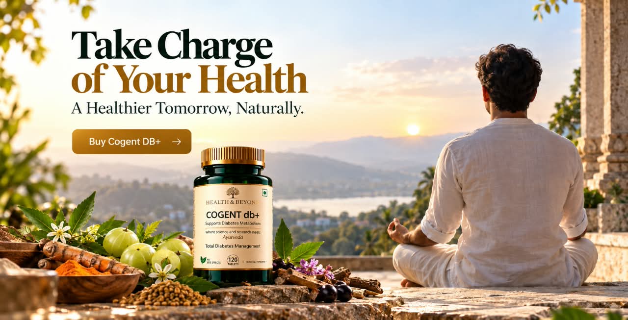 Take charge of your health: a healthier tomorrow, naturally. A man meditating at sunrise beside a bottle of Cogent Diabetes+