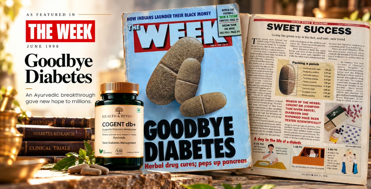 As featured in The Week, June 1998: the magazine’s “Goodbye Diabetes” cover and its “Sweet Success” article, beside a bottle of Cogent Diabetes+