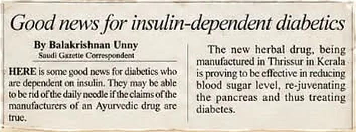 Saudi Gazette: “Good news for insulin-dependent diabetics”, by Balakrishnan Unny
