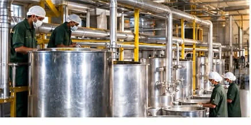 Production staff beside stainless-steel processing vessels