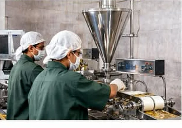Two technicians in caps and masks at a tablet machine