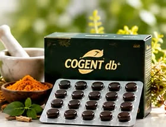 A pack of Cogent db tablets with a blister strip, beside a mortar and pestle, turmeric and fresh herbs