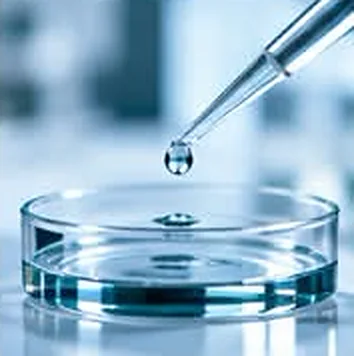 A pipette releasing a drop into a glass dish