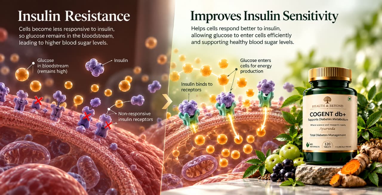 Insulin resistance: cells respond less to insulin, so glucose stays in the bloodstream. Beside it, improved insulin sensitivity: glucose entering the cells, with a bottle of Cogent Diabetes+