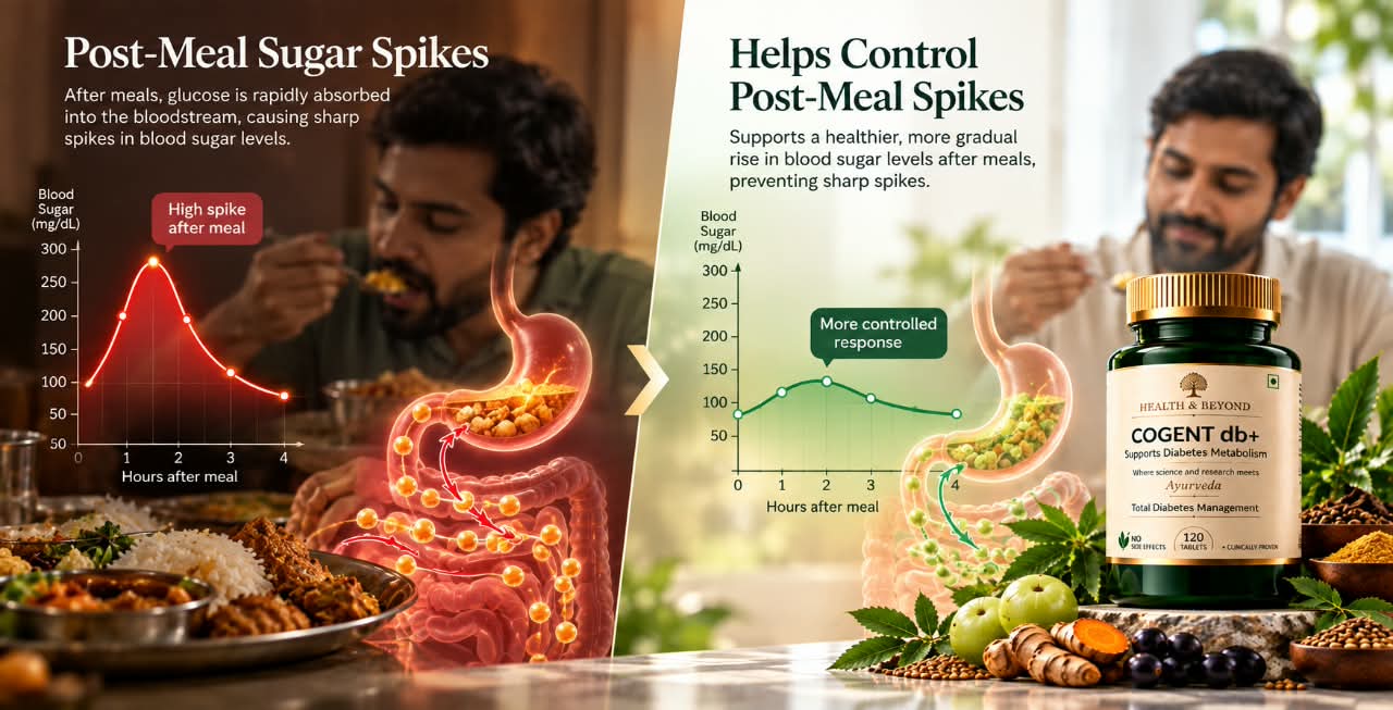 Post-meal sugar spikes: blood sugar rising sharply after a meal. Beside it, a more gradual rise after meals, with a bottle of Cogent Diabetes+