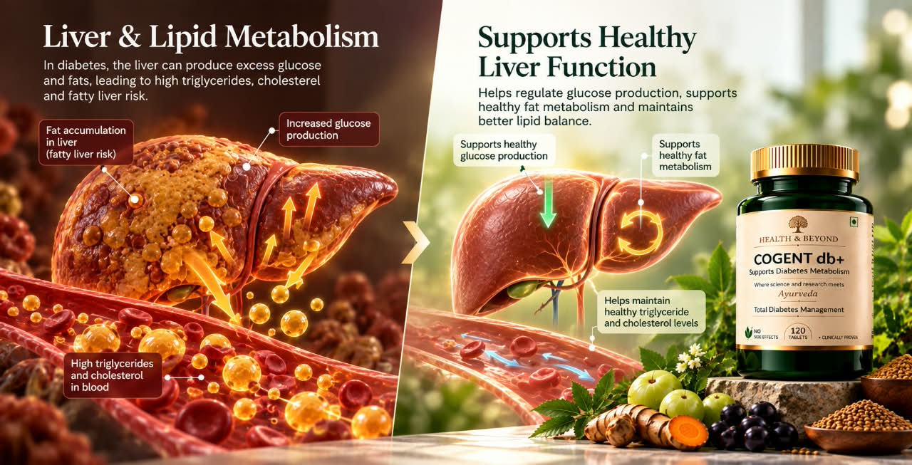 Liver and lipid metabolism: fat building up in the liver, with raised triglycerides and cholesterol. Beside it, healthy liver function, with a bottle of Cogent Diabetes+