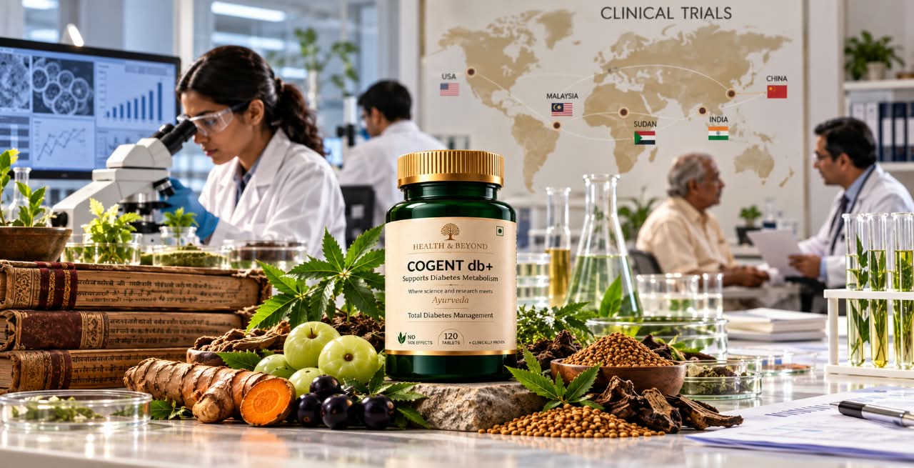 Researchers at microscopes in a laboratory, a wall map marking clinical trial sites, and a bottle of Cogent Diabetes+ among herbs and old books in the foreground